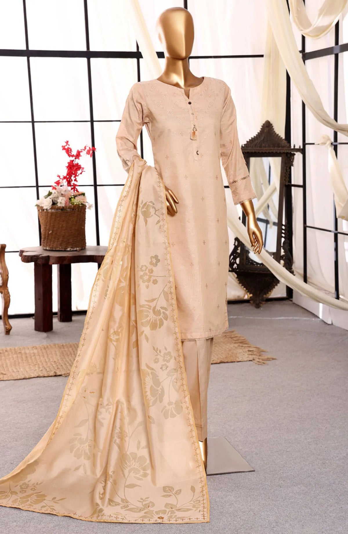 HZ RTW Damask Jacquard Devor Dupatta Collection - DJL 405 GOLDEN