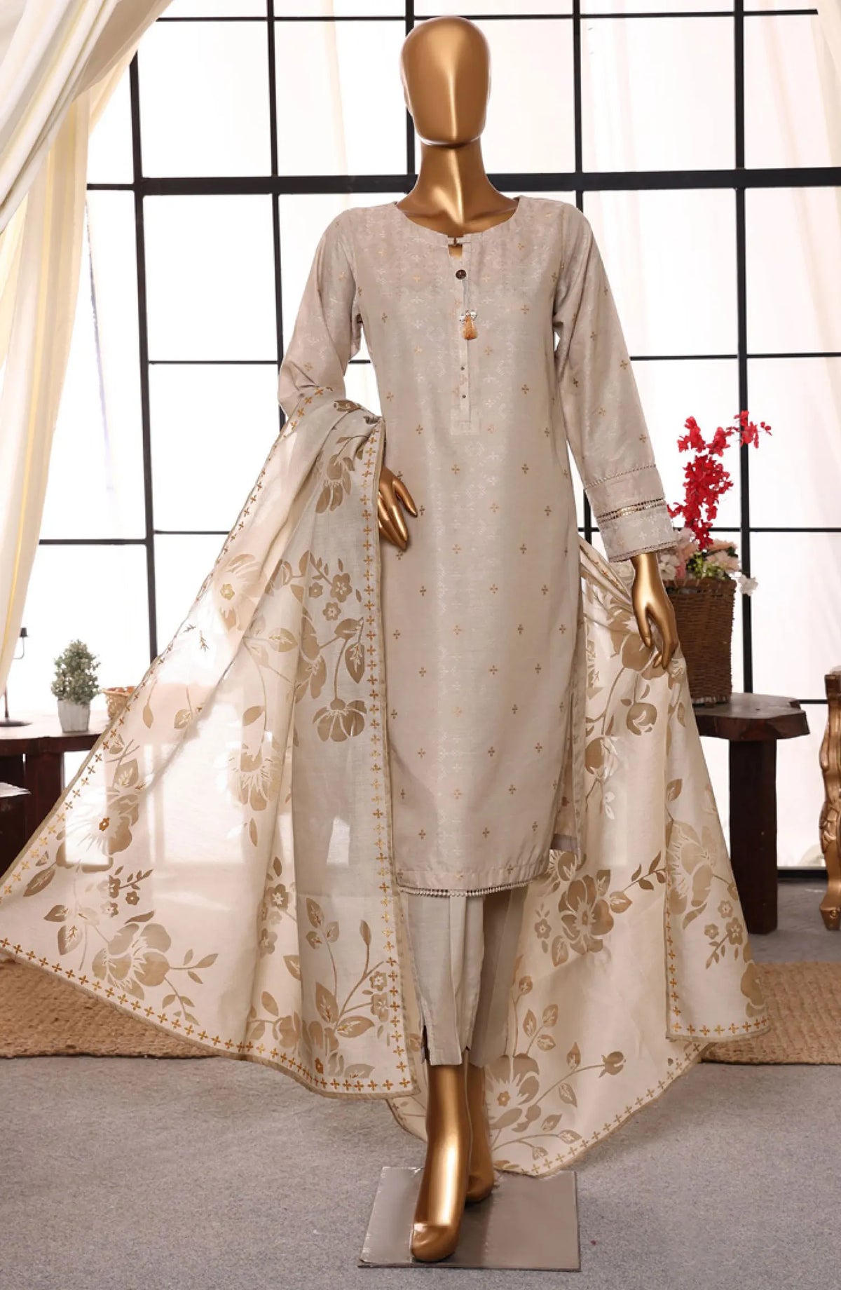 HZ RTW Damask Jacquard Devor Dupatta Collection - DJL 407 BEIGE