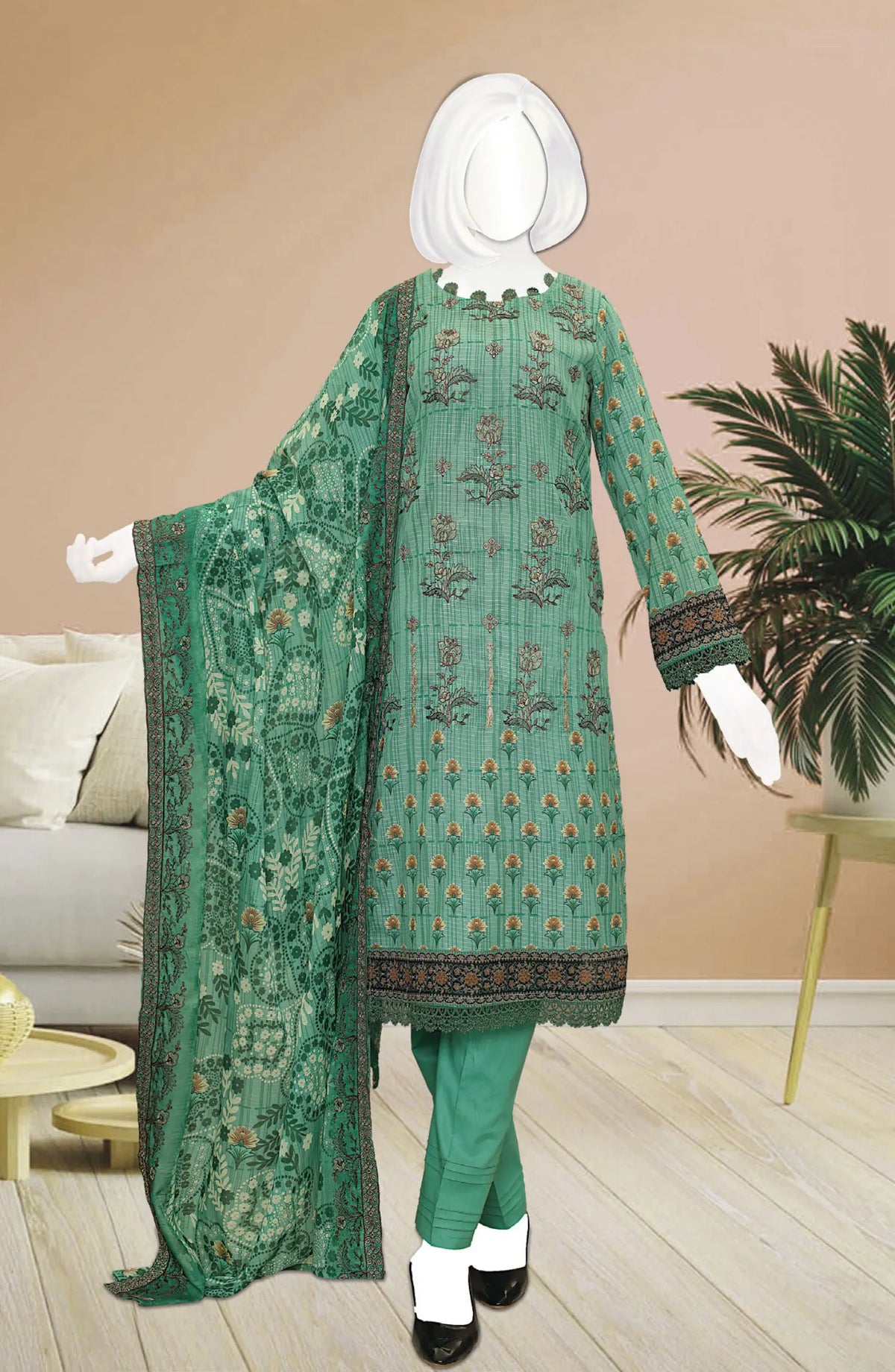 Premium Digital Print Emb Lawn Lining Collection - DL 343