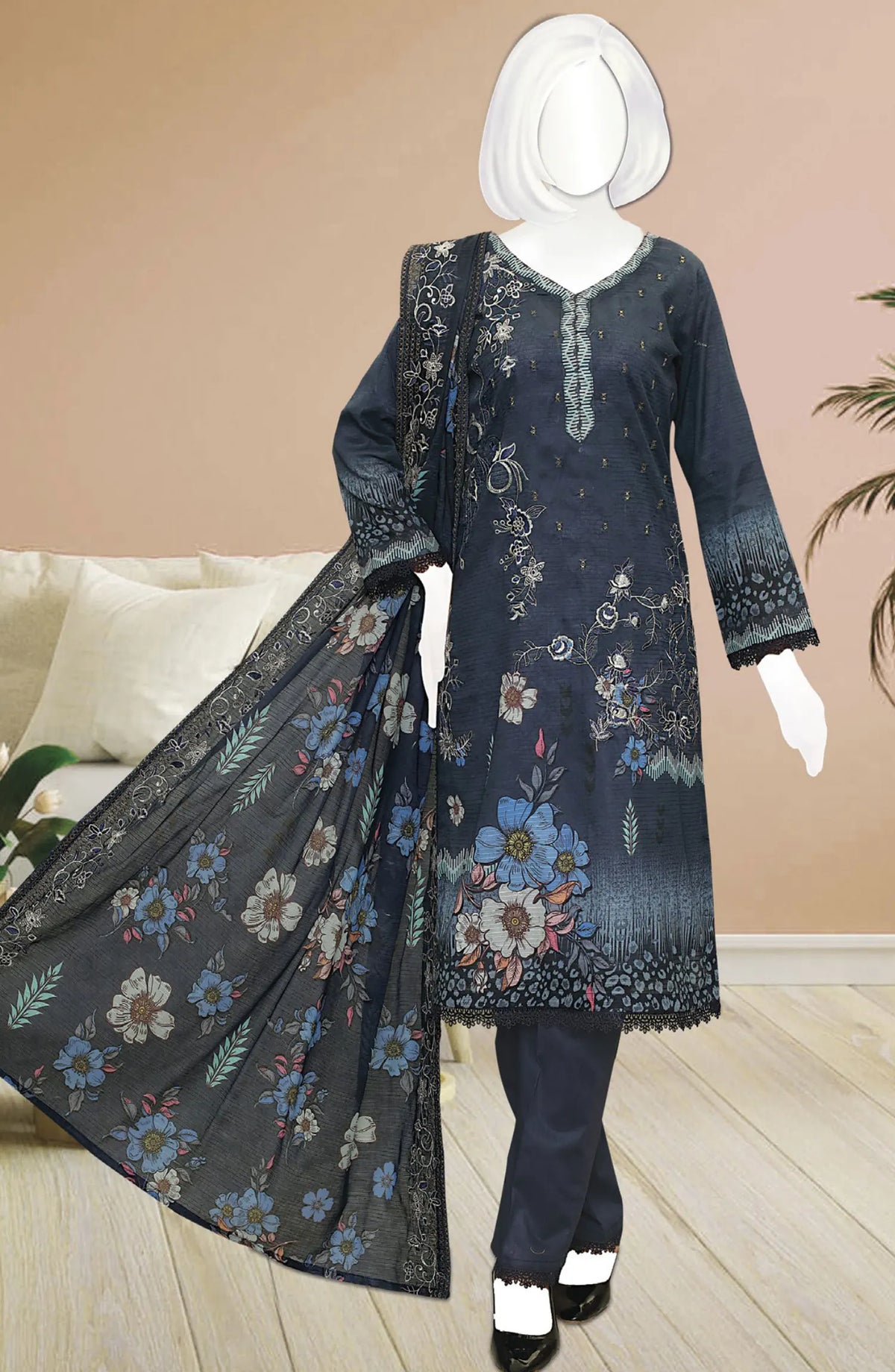 Premium Digital Print Emb Lawn Lining Collection - DL 344