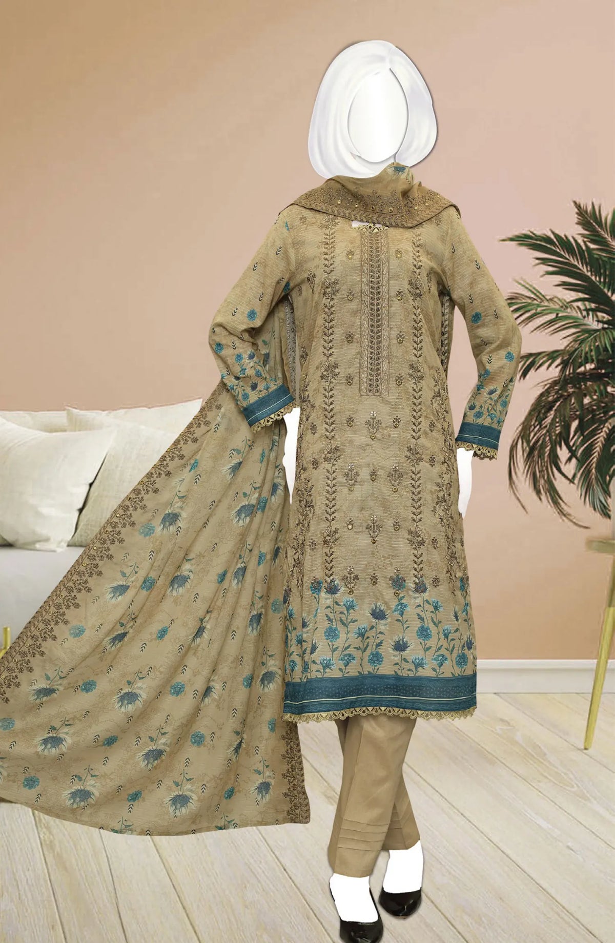 Premium Digital Print Emb Lawn Lining Collection - DL 345