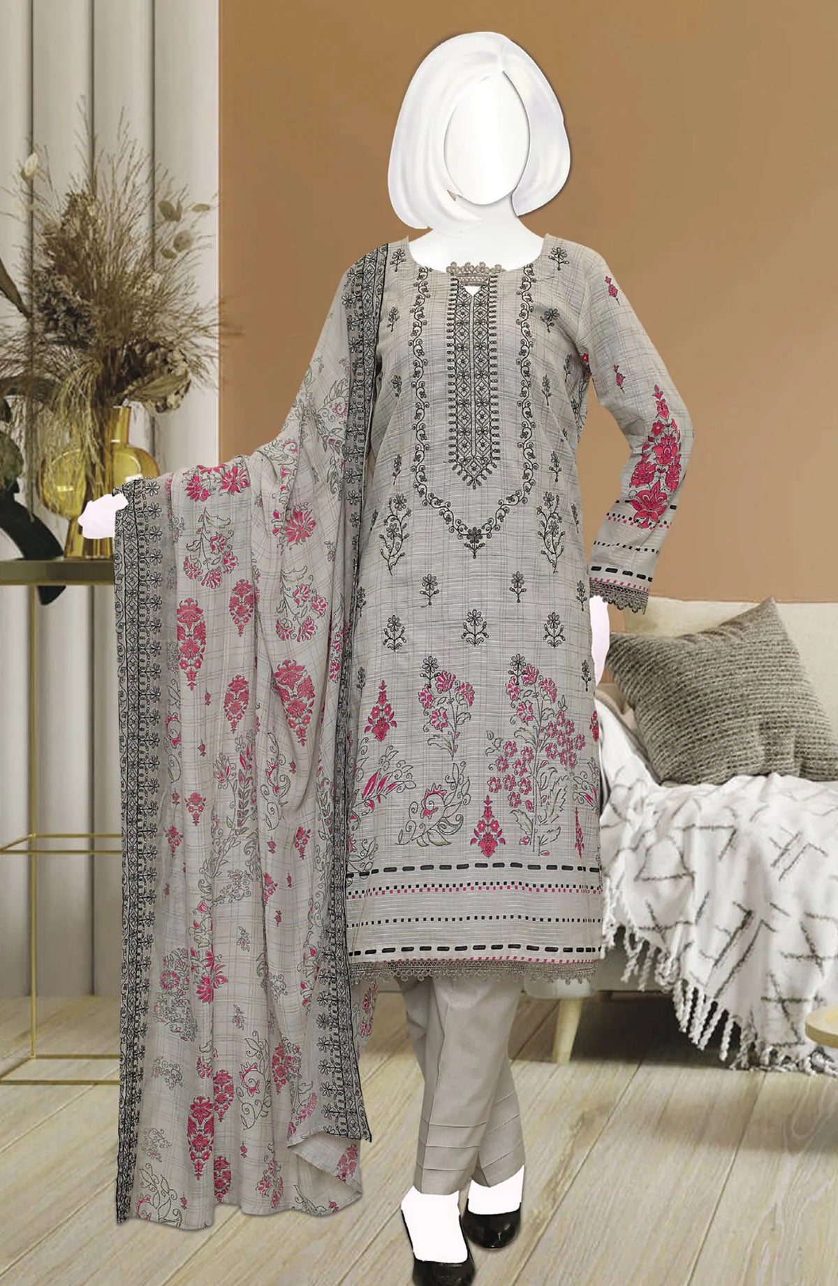 Premium Digital Print Emb Lawn Lining Collection - DL 347