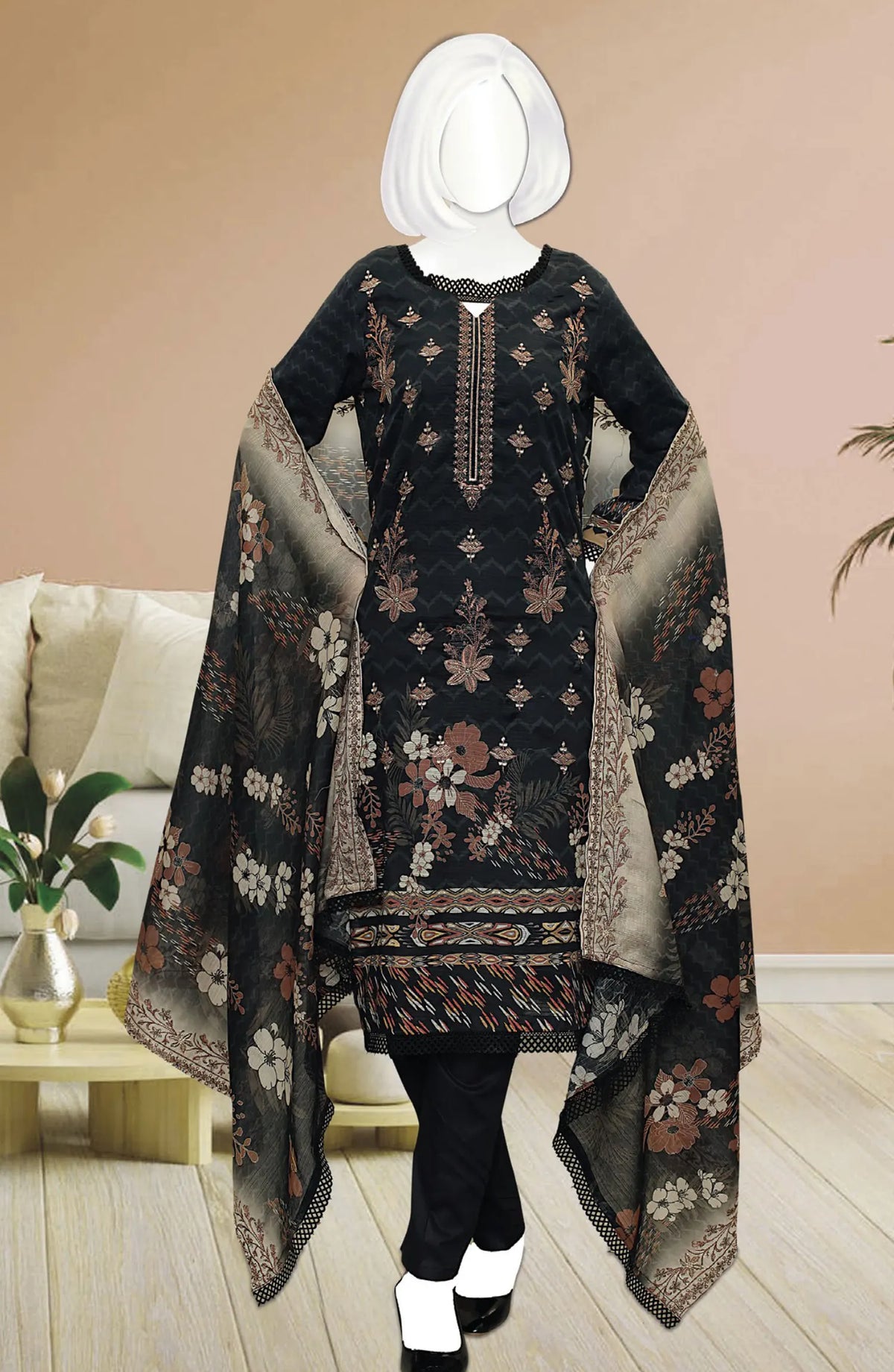 Premium Digital Print Emb Lawn Lining Collection - DL 348