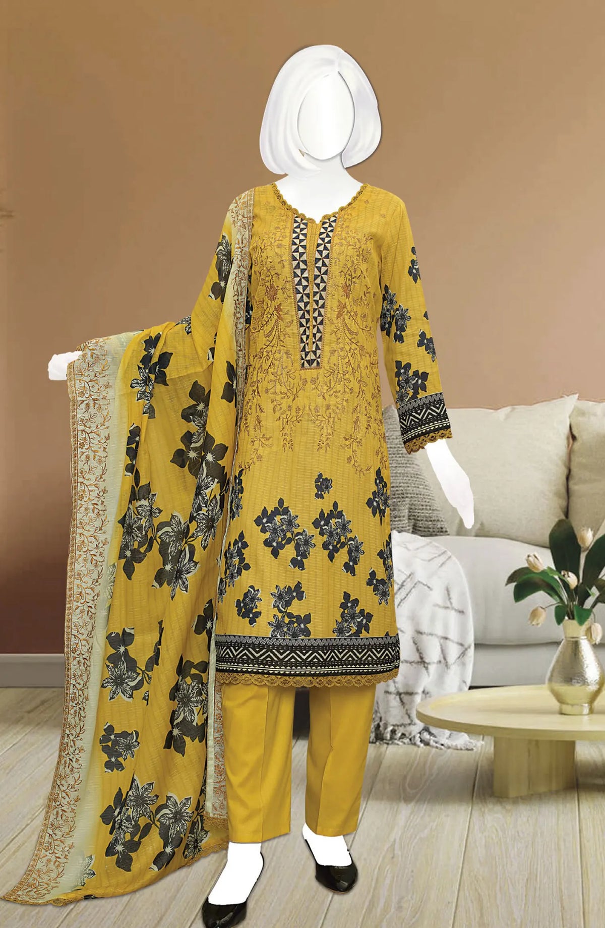 Premium Digital Print Emb Lawn Lining Collection - DL 349