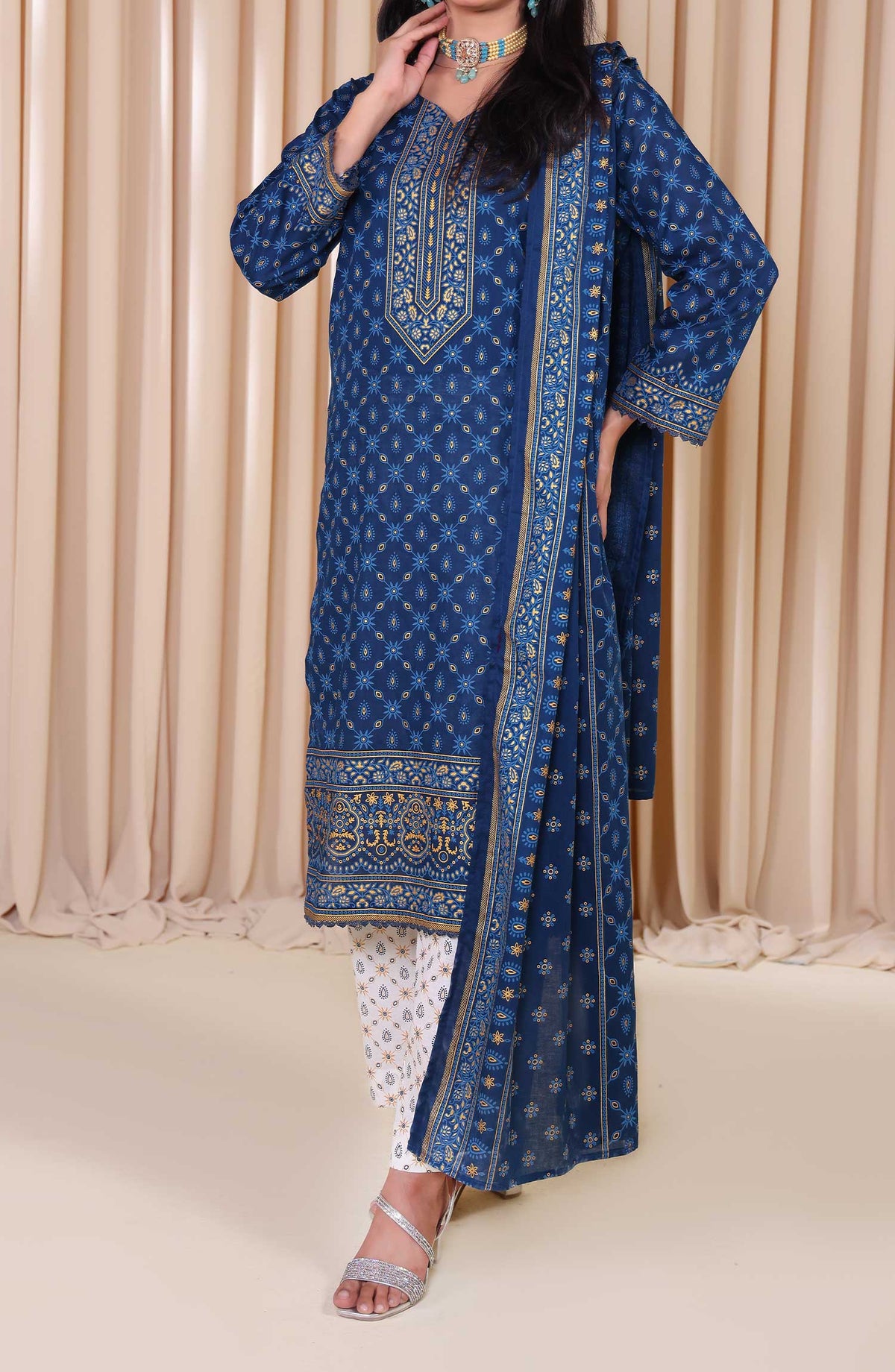 Al Karim Printed Cotton Lawn Unstitched 3 Piece Suit - DL 197 - ALK25DCL - Blue - Summer Collection