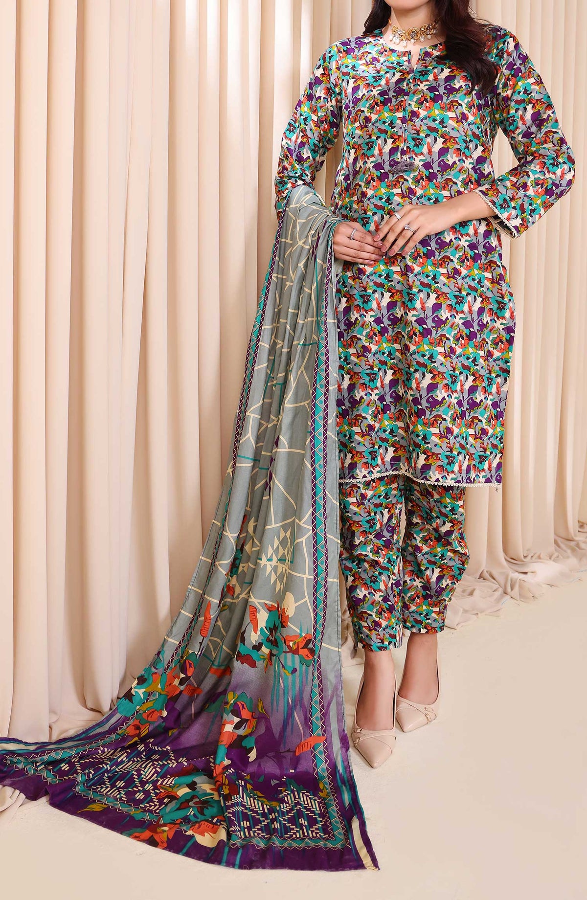 Al Karim Printed Cotton Lawn Unstitched 3 Piece Suit - DL 199 - ALK25DCL - Blue - Summer Collection