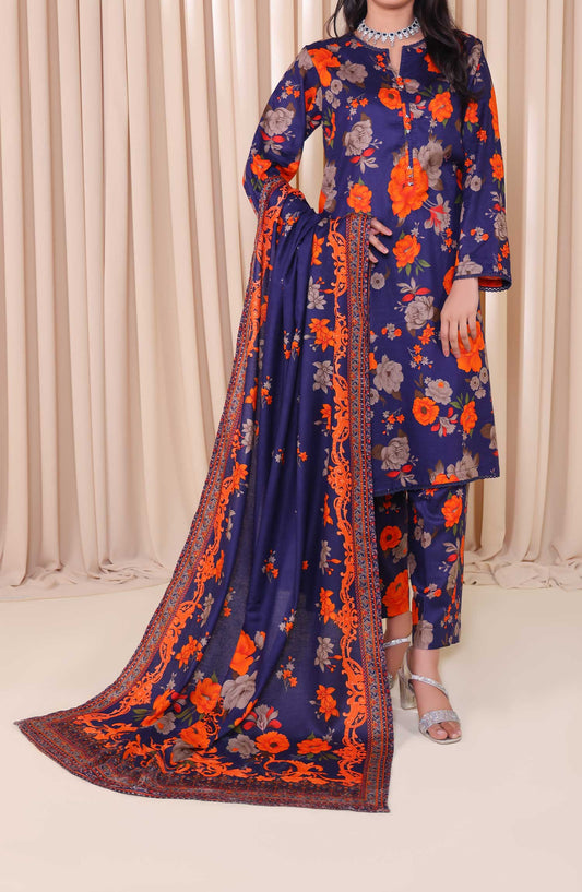 Al Karim Printed Cotton Lawn Unstitched 3 Piece Suit - DL 200 - ALK25DCL - Dark Blue - Summer Collection