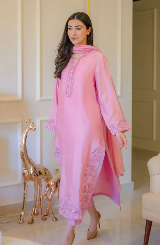 Luna Edit By Hues Atelier Embroidered Cotton Net Stitched 3 Piece - Dreamy Pink - HA25L - Festive Collection