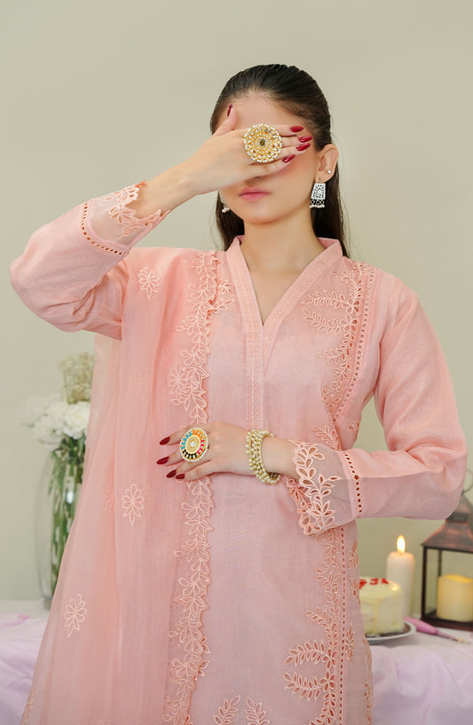 Dehlilah by Amna Khadija Embroidered Khaddi Net Stitched 3 Piece Suit - DSCE-02 - AM25DKN - Pink - Festive Collection