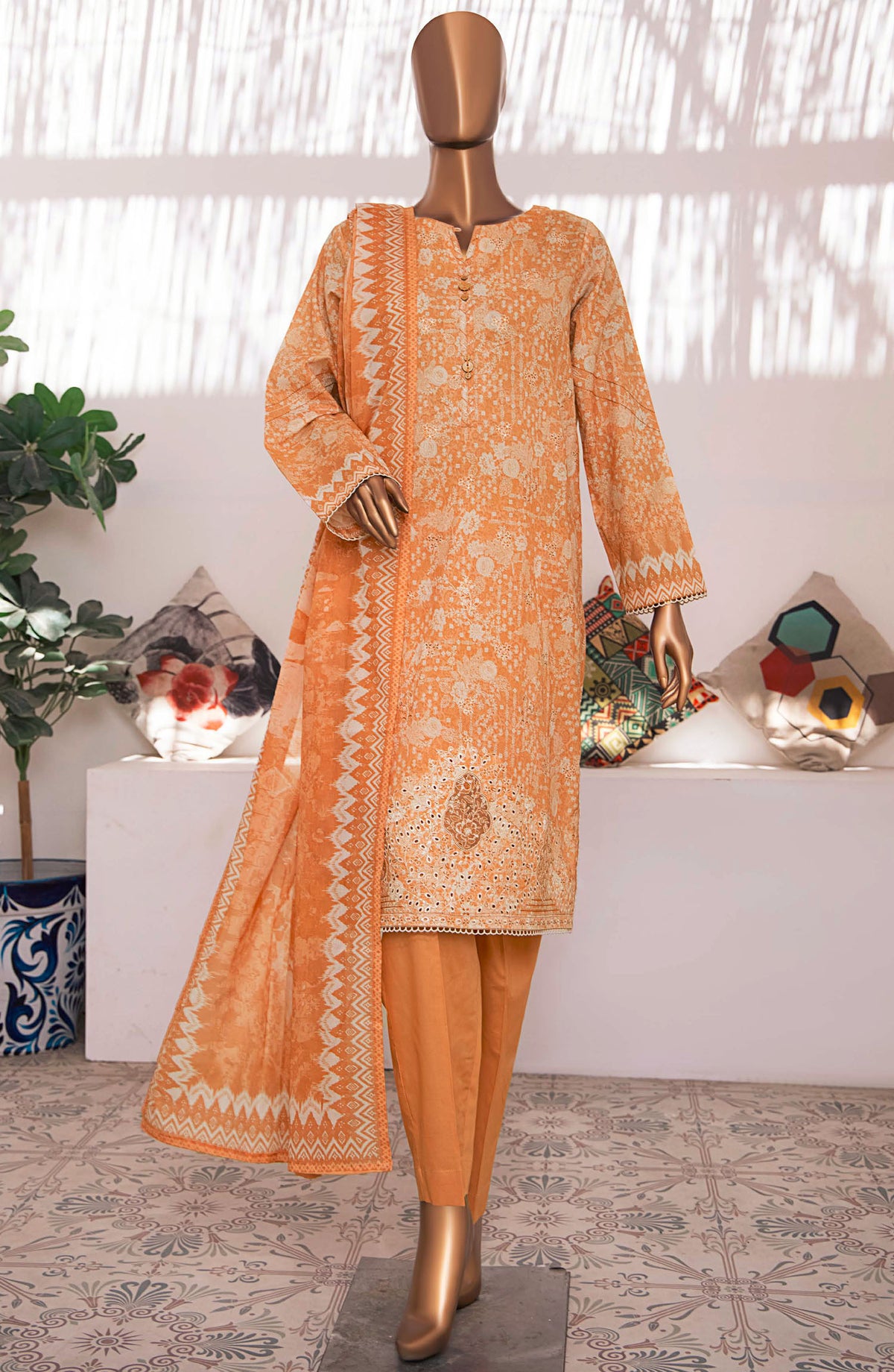 Elegant by HZ Textile Embroidered Lawn Unstitched 3 Piece Suit - EC-928 - HZ25EEL - Orange - Summer Collection