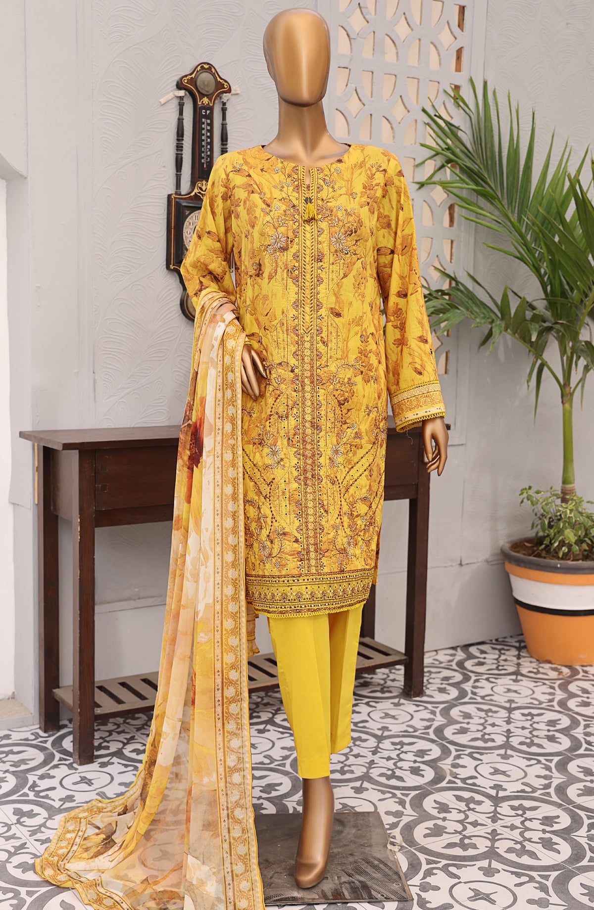 HZ Textile Embroidered Lawn Unstitched 3 Piece Suit - EF-1009 - HZ25UFE - Yellow - Eid Collection