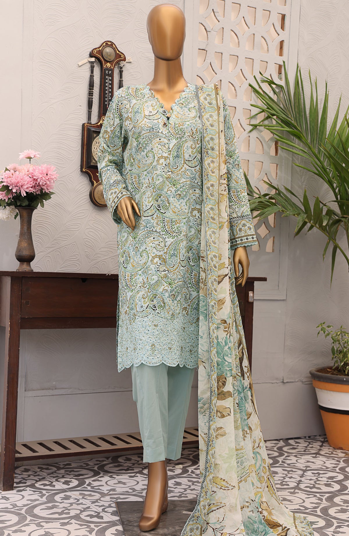 HZ Textile Embroidered Lawn Unstitched 3 Piece Suit - EF-1013 - HZ25UFE - Green - Eid Collection