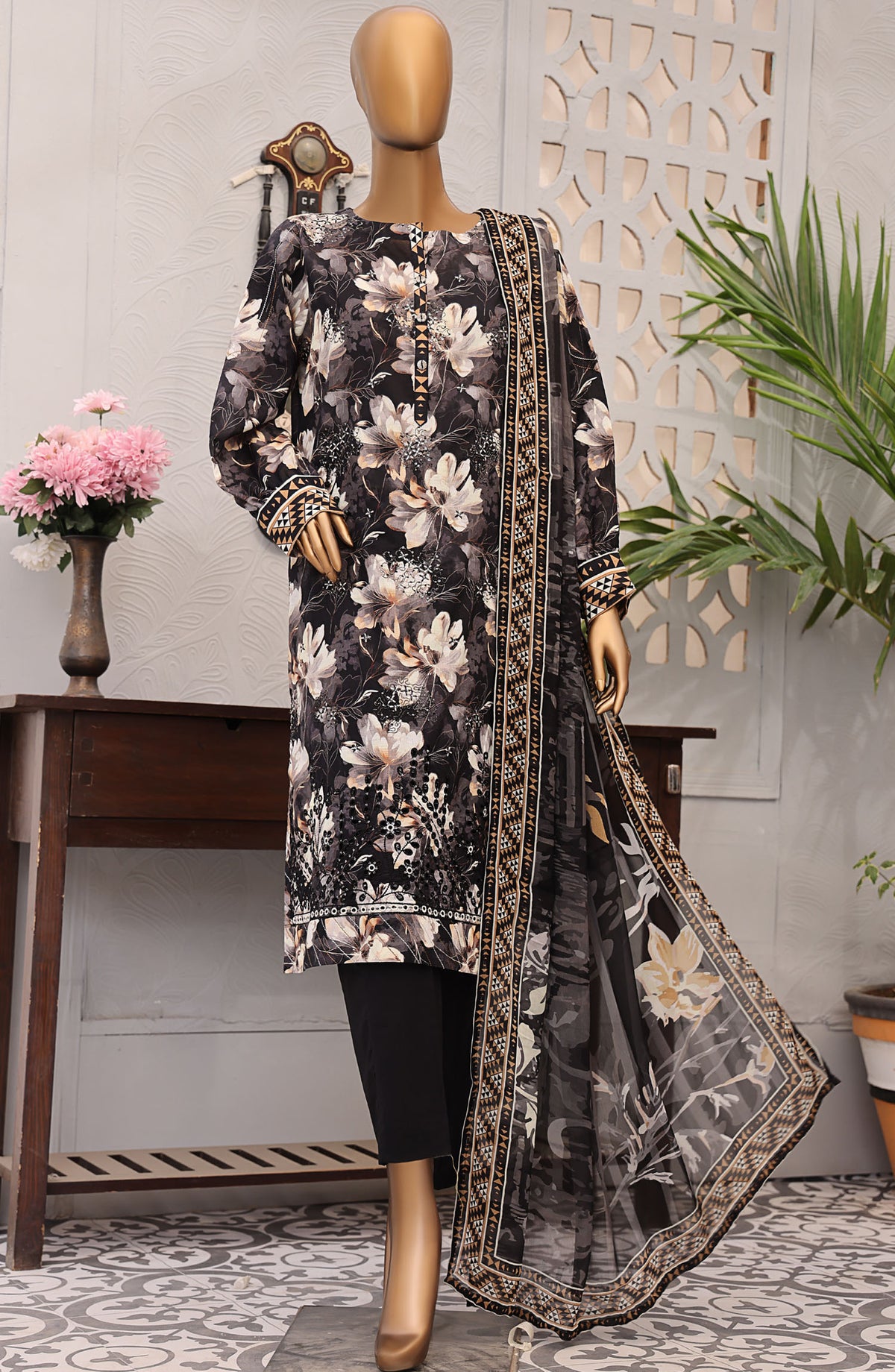 HZ Textile Embroidered Lawn Unstitched 3 Piece Suit - EF-1014 - HZ25UFE - Black - Eid Collection