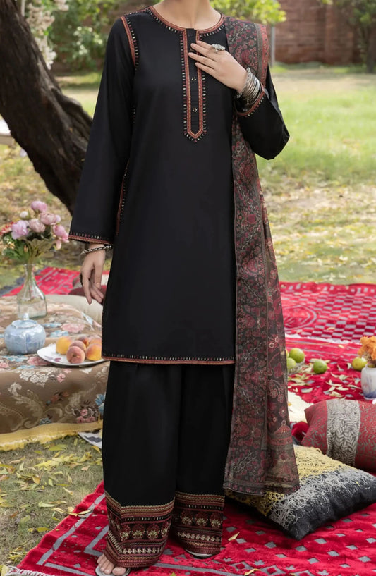 Casual Lite Embroidered Cotton Stitched 3 Piece Suit - EF-72 Wabasta - CL25FC - Black - Summer Collection
