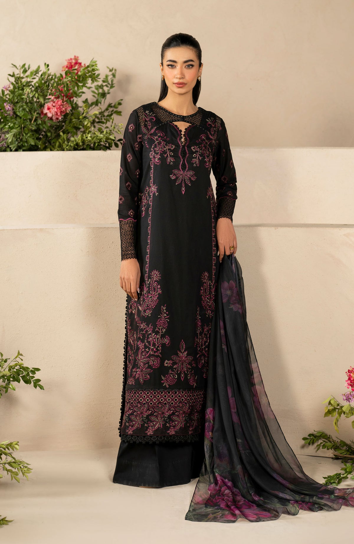 Iznik Embroidered Lawn Unstitched 3 Piece Suit - EFL-03 - IZK25FL - Black - Summer Collection