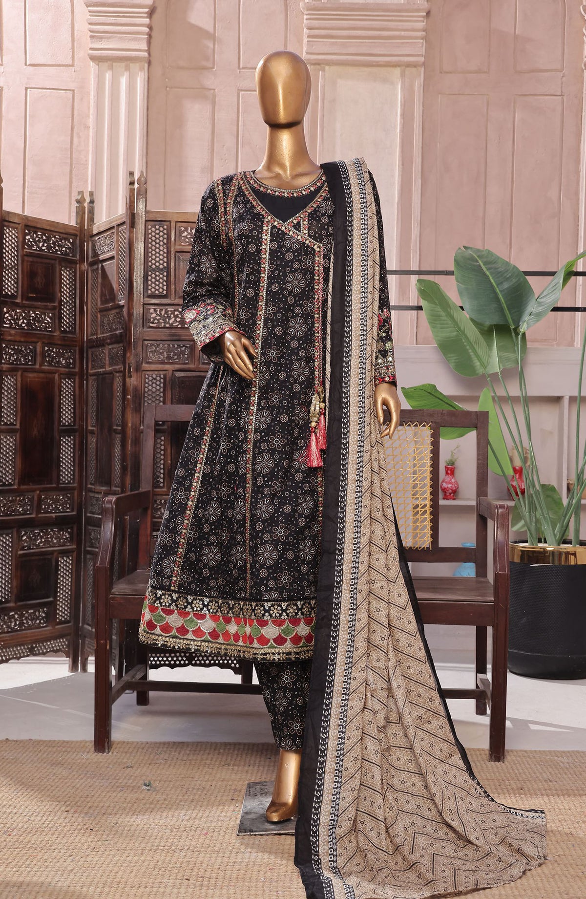 Bin Saeed Embroidered Lawn Stitched 3 Piece Frock - D-08 - BS25LEFV2 - Black - Summer Collection