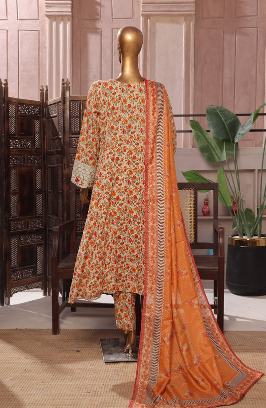 Bin Saeed Embroidered Lawn Stitched 3 Piece Frock - D-03 - BS25LEFV2 - Orange - Summer Collection