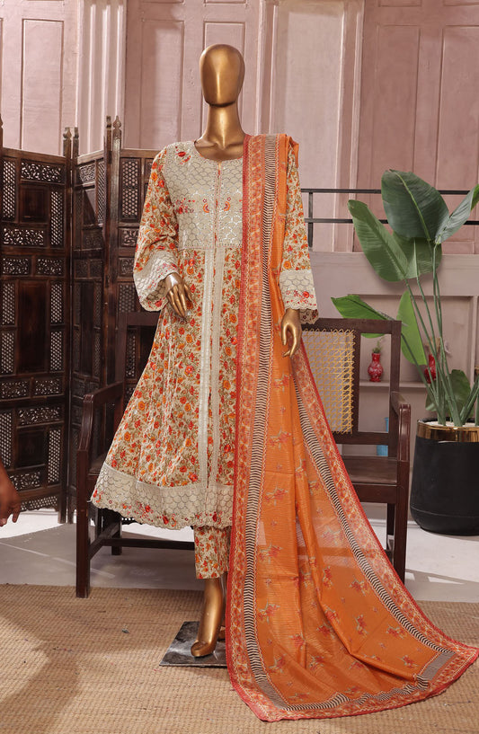 Bin Saeed Embroidered Lawn Stitched 3 Piece Frock - D-03 - BS25LEFV2 - Orange - Summer Collection