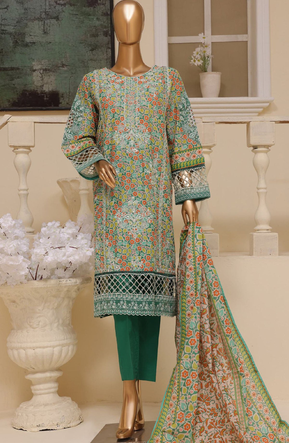 Bin Saeed Embroidered Lawn Stitched 3 Piece Suit - SM-605 - BS25EELV7 - Green - Summer Collection