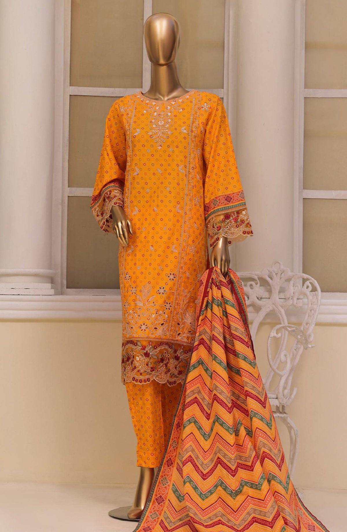 Bin Saeed Embroidered Lawn Stitched 3 Piece Suit - SM-791 - BS25EELV7 - Mustard - Summer Collection