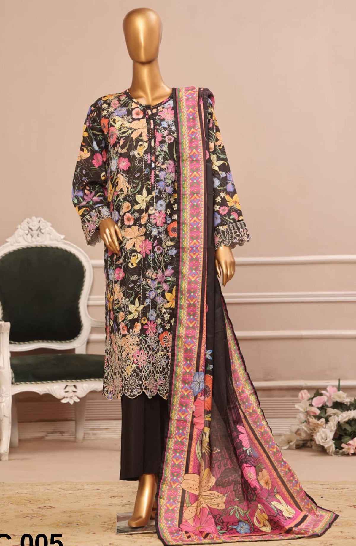 Bin Saeed Embroidered Lawn Stitched 3 Piece Suit - WC-005 - BS25EELV7 - Black - Summer Collection
