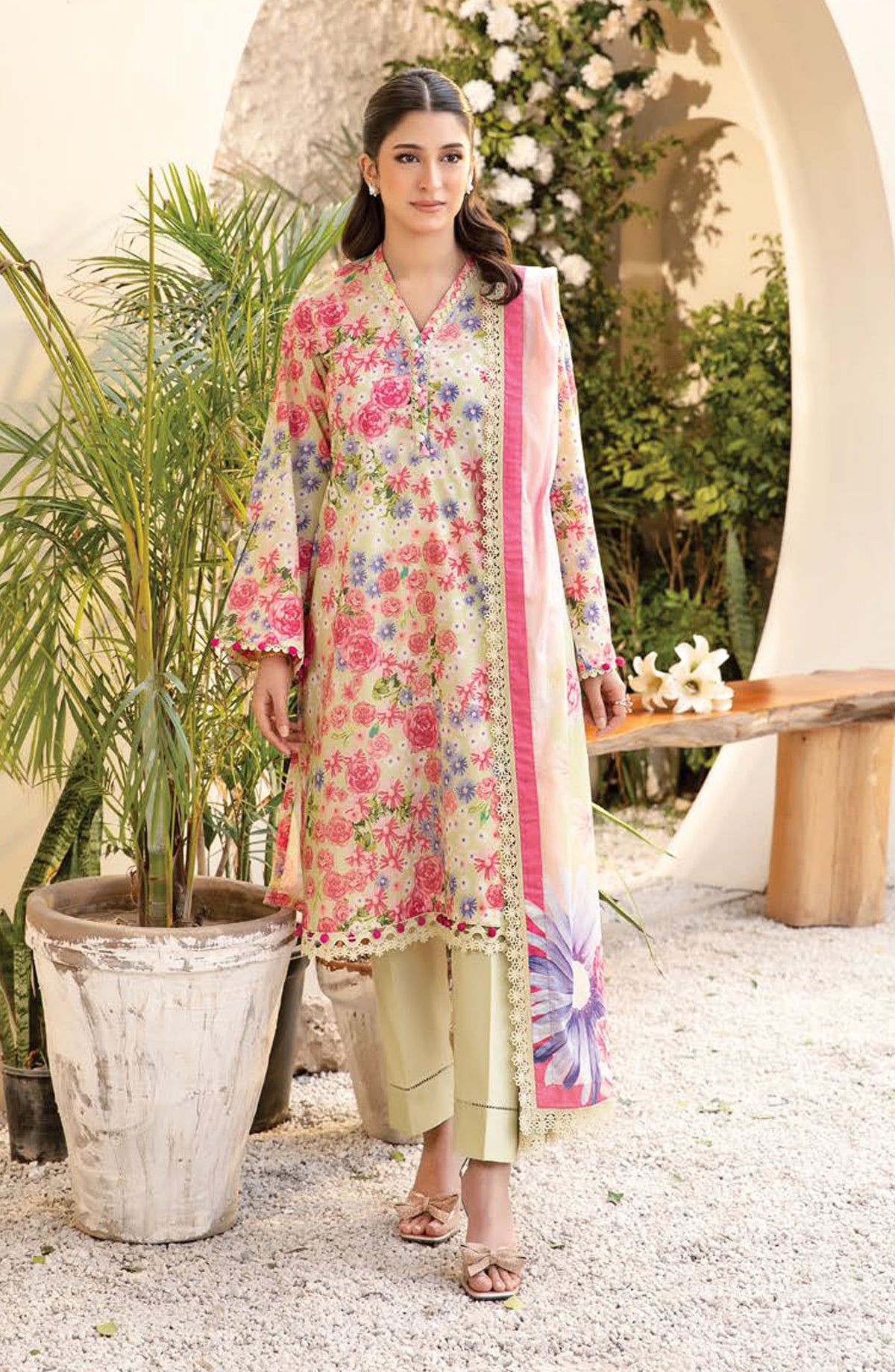 Elaheh by Mbasic Printed Lawn Unstitched 3 Piece Suit - MB-ELHV1-11 - MB25ECL - Beige - Casual Collection