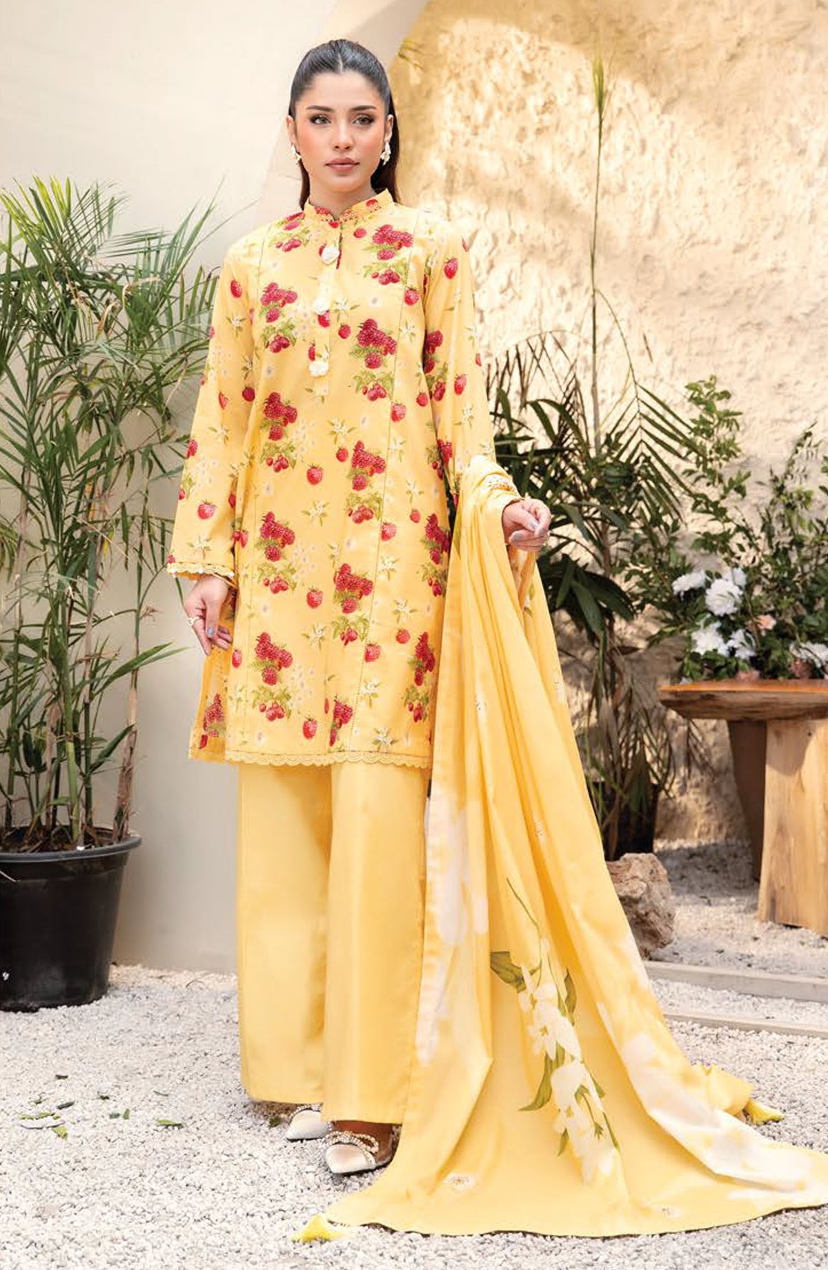 Elaheh by Mbasic Printed Lawn Unstitched 3 Piece Suit - MB-ELHV1-06 - MB25ECL - Yellow - Casual Collection