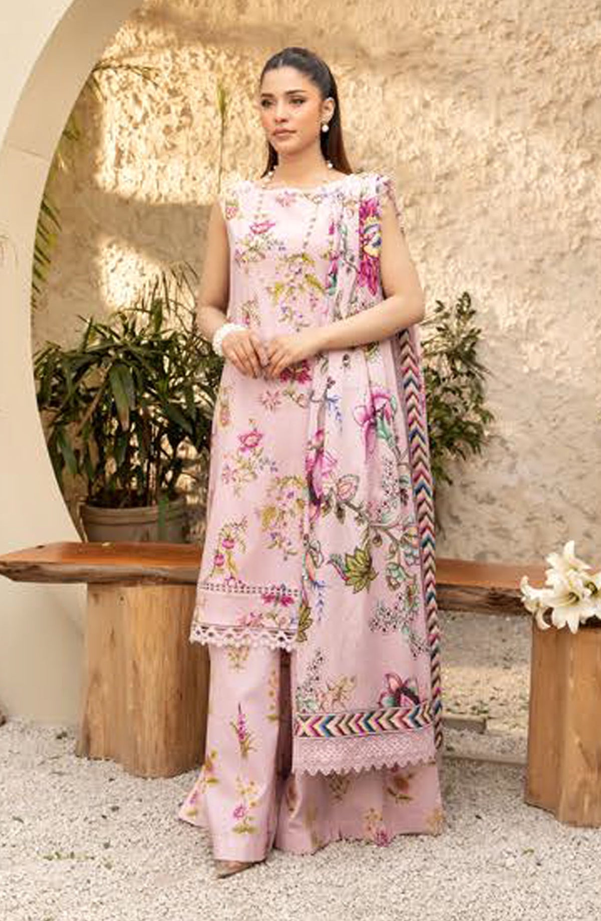 Elaheh by Mbasic Printed Lawn Unstitched 3 Piece Suit - MB-ELHV1-04 - MB25ECL - Pink - Casual Collection