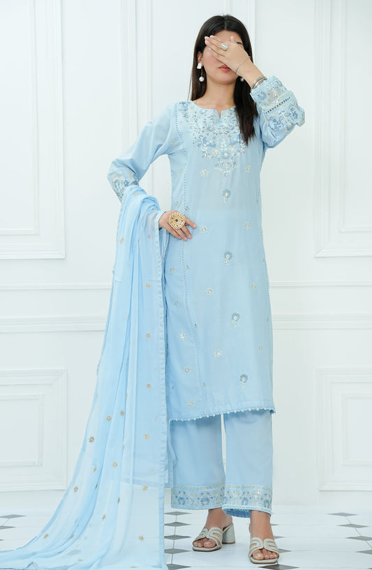 Ensemble by Amna Khadija Embroidered Lawn Stitched 3 Piece Suit - ELPEE-01 - AM25ELPEE - Blue - Summer Collection