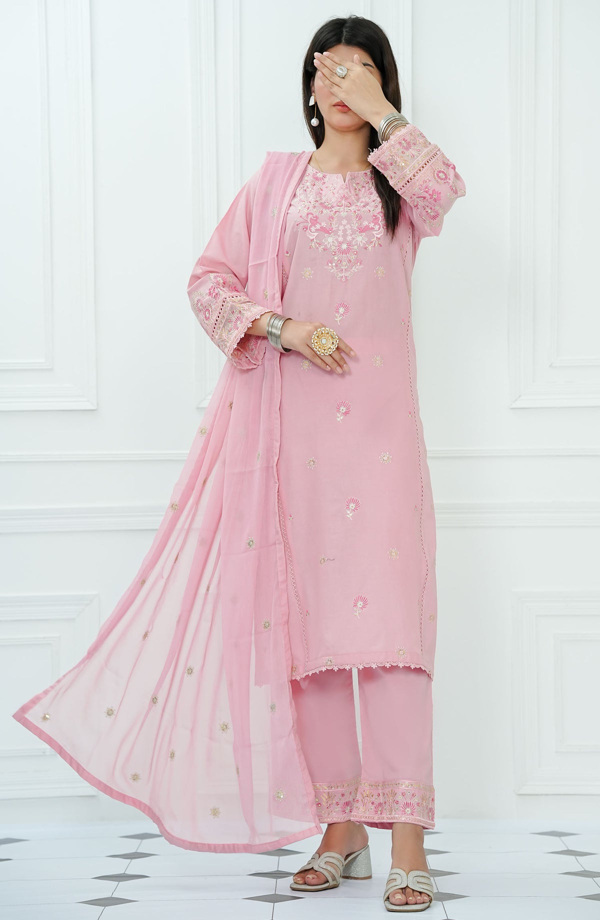 Ensemble by Amna Khadija Embroidered Lawn Stitched 3 Piece Suit - ELPEE-02 - AM25ELPEE - Pink - Summer Collection