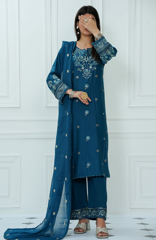 Ensemble by Amna Khadija Embroidered Lawn Stitched 3 Piece Suit - ELPEE-03 - AM25ELPEE - Blue - Summer Collection