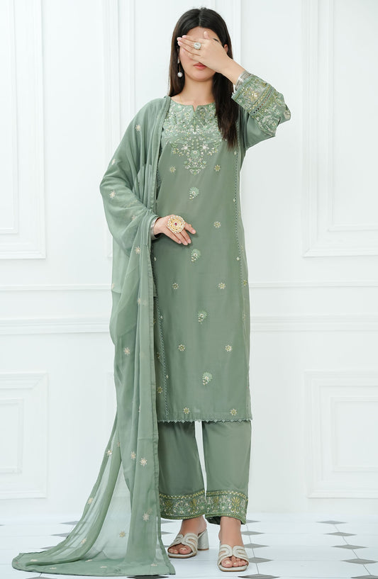Ensemble by Amna Khadija Embroidered Lawn Stitched 3 Piece Suit - ELPEE-04 - AM25ELPEE - Green - Summer Collection