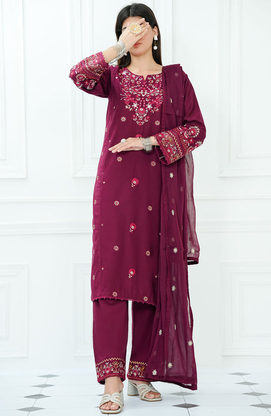 Ensemble by Amna Khadija Embroidered Lawn Stitched 3 Piece Suit - ELPEE-05 - AM25ELPEE - Magenta - Summer Collection