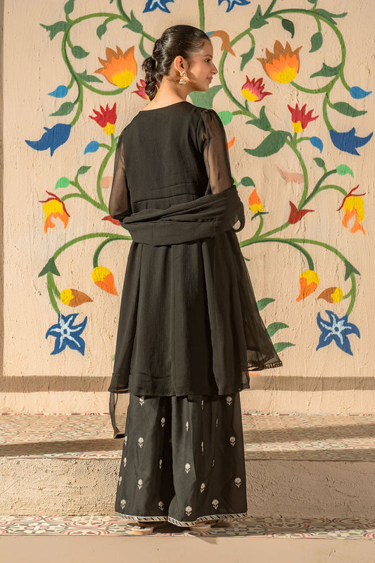 Ochre Festive Wear Chiffon Stitched 3 Piece - EM-43 - Black - Girls Collection