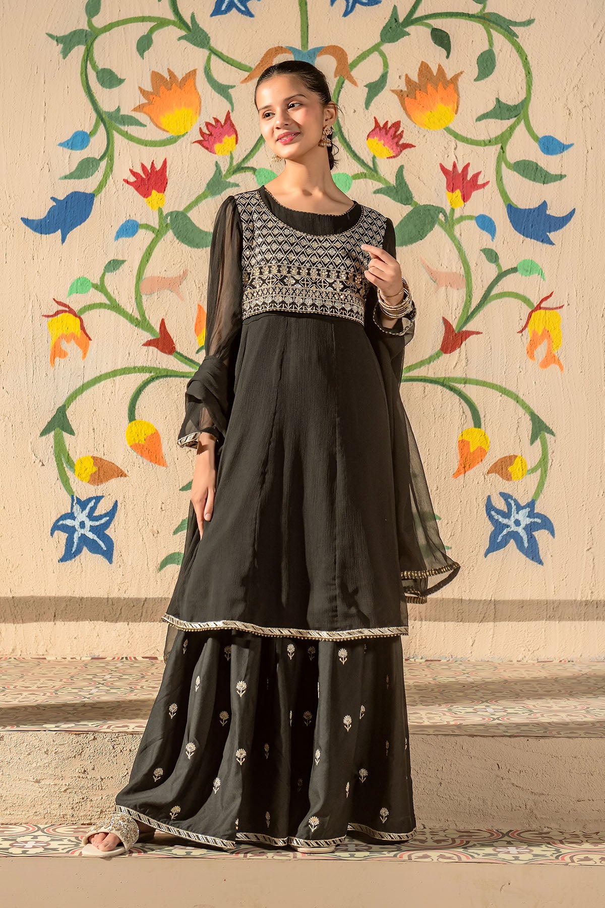 Ochre Festive Wear Chiffon Stitched 3 Piece - EM-43 - Black - Girls Collection