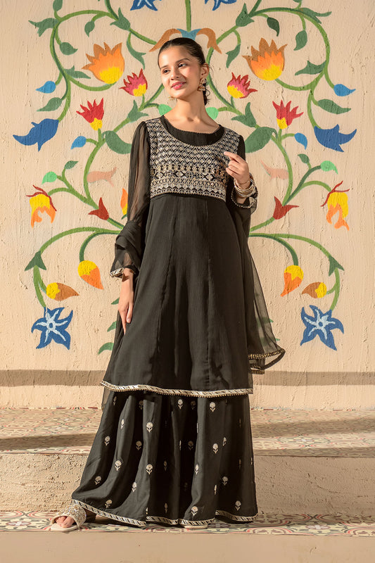 Ochre Festive Wear Chiffon Stitched 3 Piece - EM-43 - Black - Girls Collection
