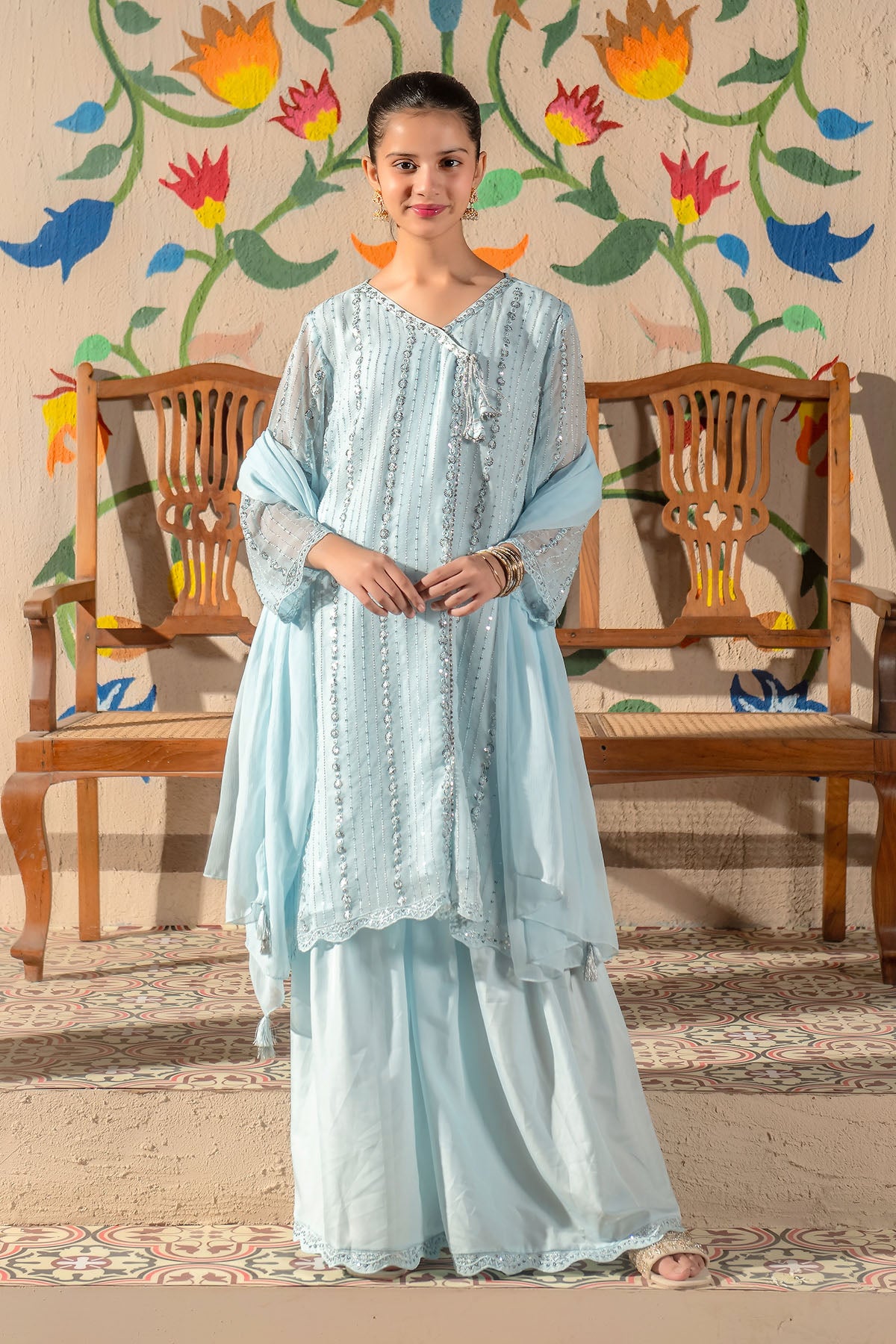 Ochre Festive Wear Chiffon Stitched 3 Piece - EM-44 - Blue - Girls Collection