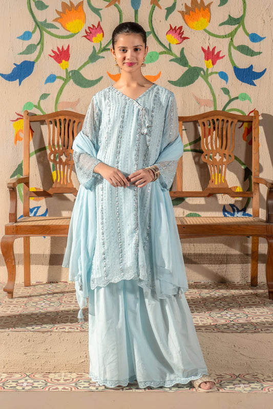Ochre Festive Wear Chiffon Stitched 3 Piece - EM-44 - Blue - Girls Collection