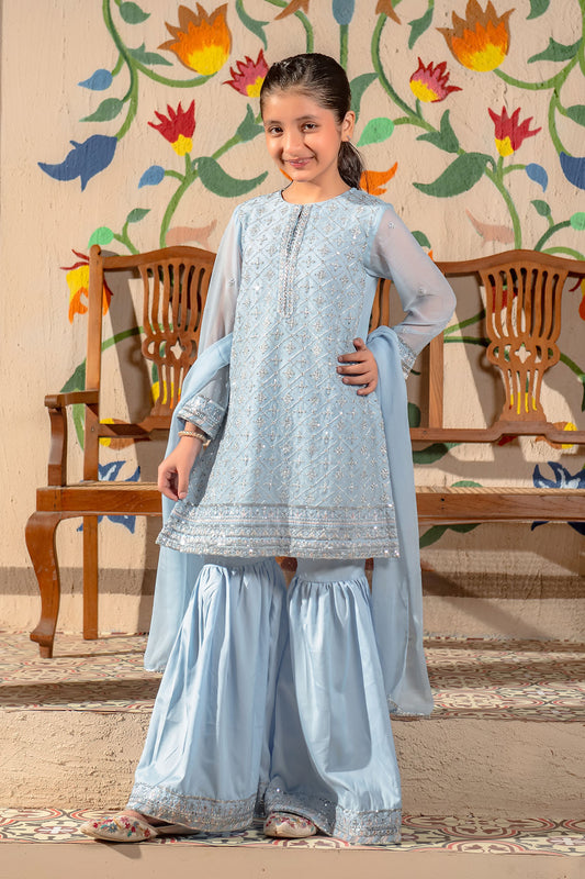 Ochre Festive Wear Chiffon Stitched 3 Piece - EM-45 - Blue - Girls Collection