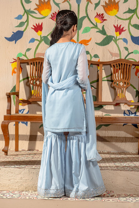 Ochre Festive Wear Chiffon Stitched 3 Piece - EM-45 - Blue - Girls Collection