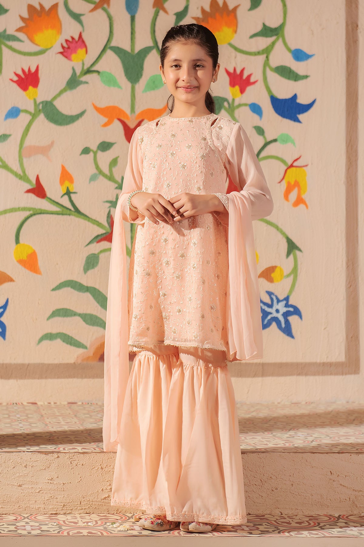 Ochre Festive Wear Chiffon Stitched 3 Piece - EM-46 - Peach - Girls Collection
