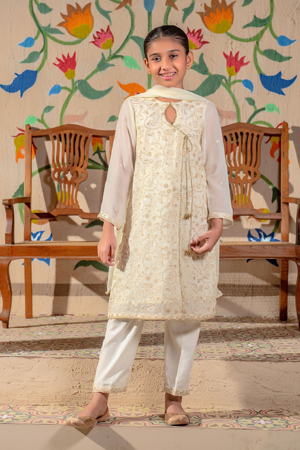 Ochre Festive Wear Chiffon Stitched 3 Piece - EM-49 - White - Girls Collection