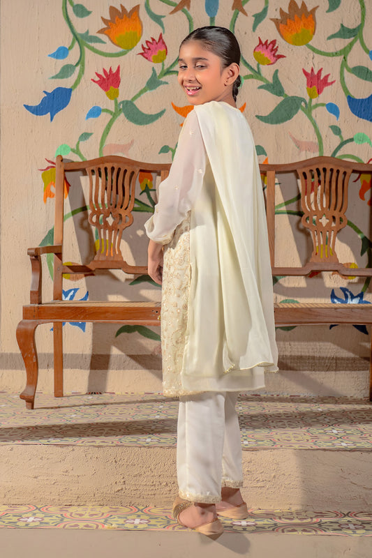 Ochre Festive Wear Chiffon Stitched 3 Piece - EM-49 - White - Girls Collection