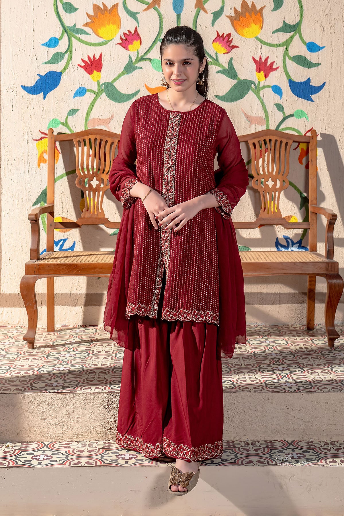 Ochre Festive Wear Chiffon Stitched 3 Piece - EM-50 - Maroon - Girls Collection