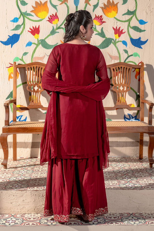 Ochre Festive Wear Chiffon Stitched 3 Piece - EM-50 - Maroon - Girls Collection