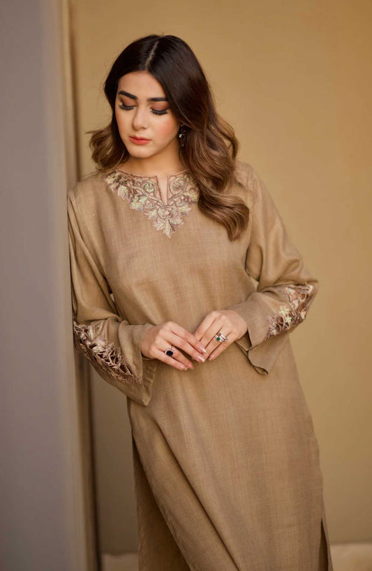 Hues Atelier Casual Pashmina Stitched 2 Piece - Embroidered Pashmina Kurta - HA25BP - Fawn - Casual Collection