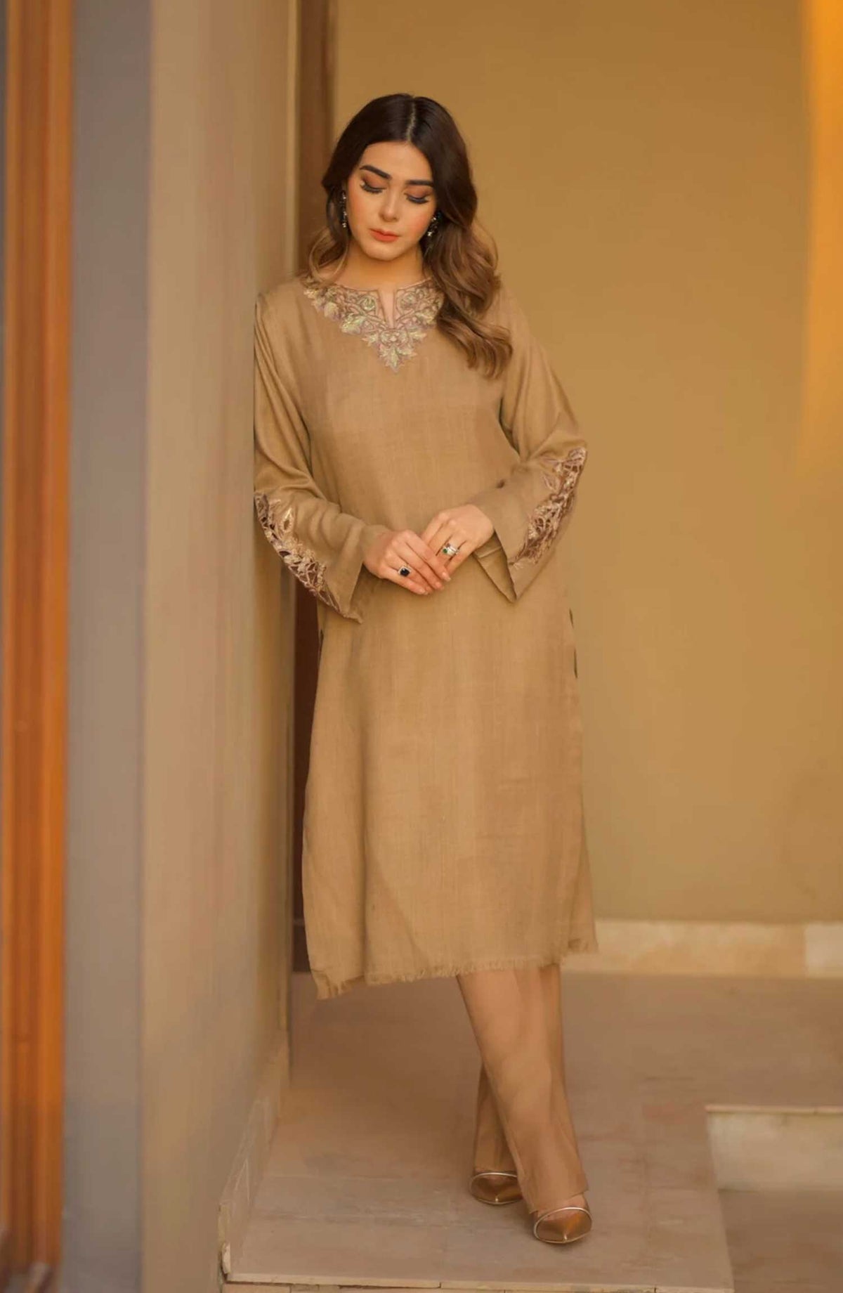 Hues Atelier Casual Pashmina Stitched 2 Piece - Embroidered Pashmina Kurta - HA25BP - Fawn - Casual Collection
