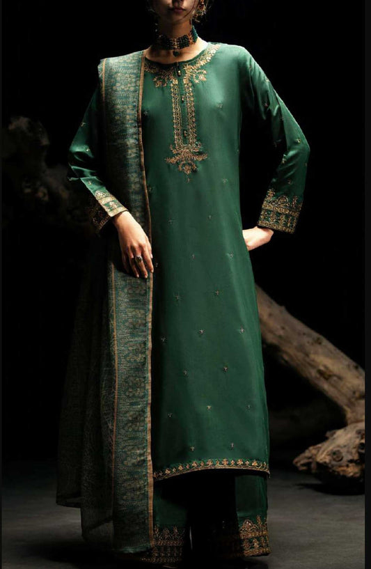 Boutique by Casual lite Embroidered Cotton Silk Stitched 3 Piece - Enchanting Green Hue - CL25B2 - Green - Festive Collection