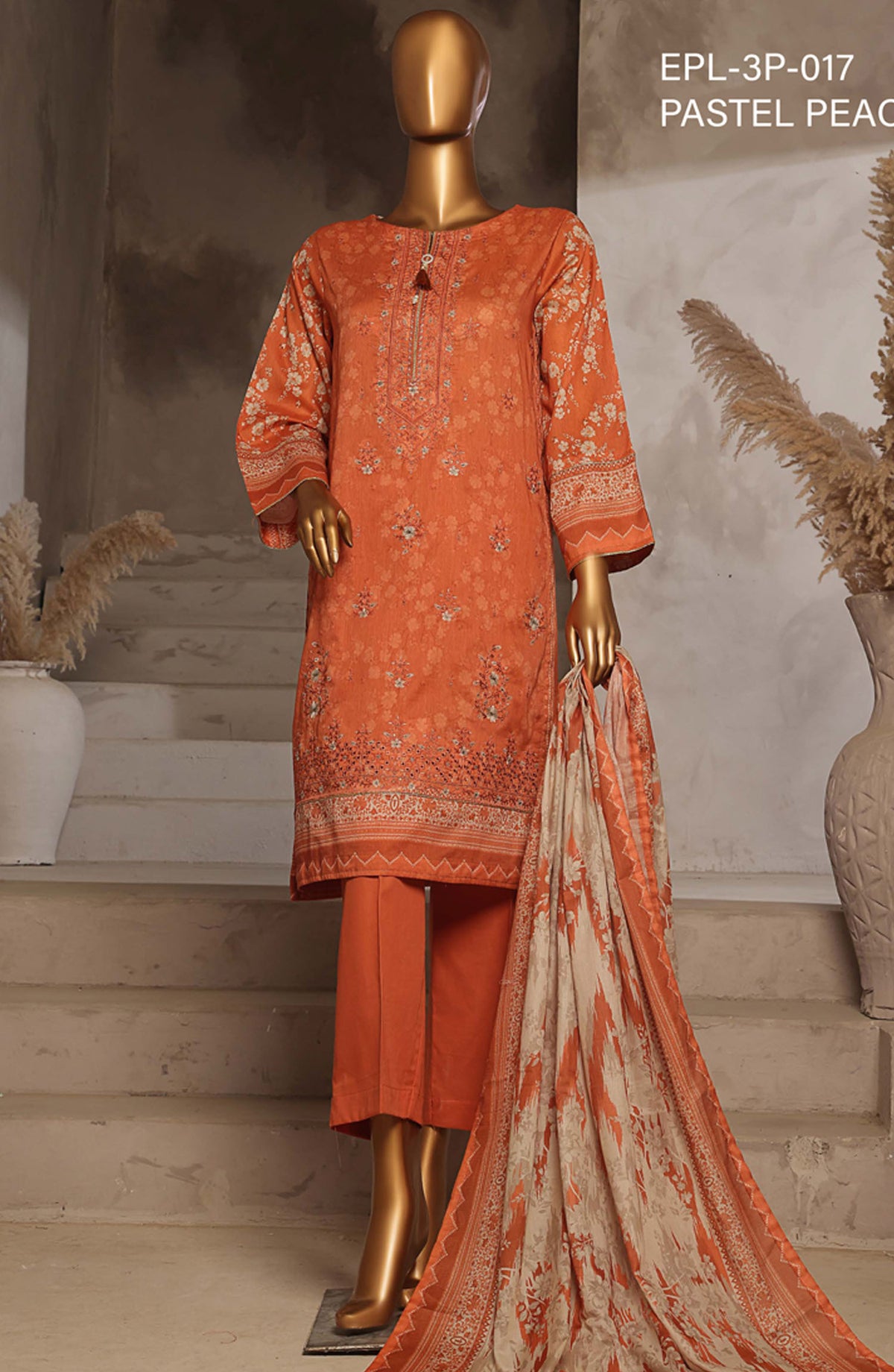 Aashkaaar by HZ Textile Embroidered Lawn Stitched 3 Piece Suit - EPL-3P-017 - HZ25ASHV4 - Orange - Summer Collection