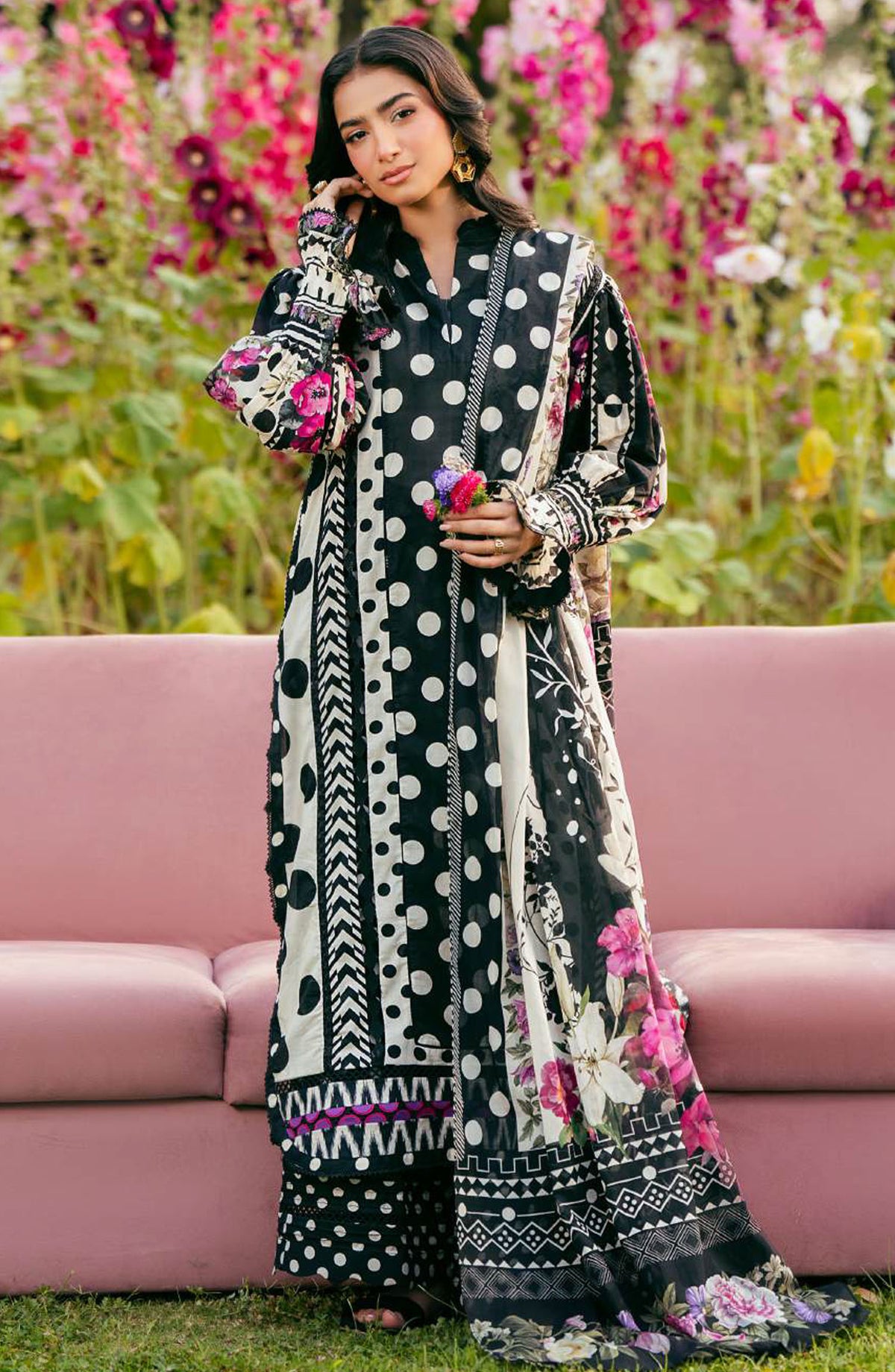 Elaf Printed Lawn Unstitched 3 Piece Suit - EPS-2B MYSTIC NOIR - EL25ELPV2 - Black - Summer Collection